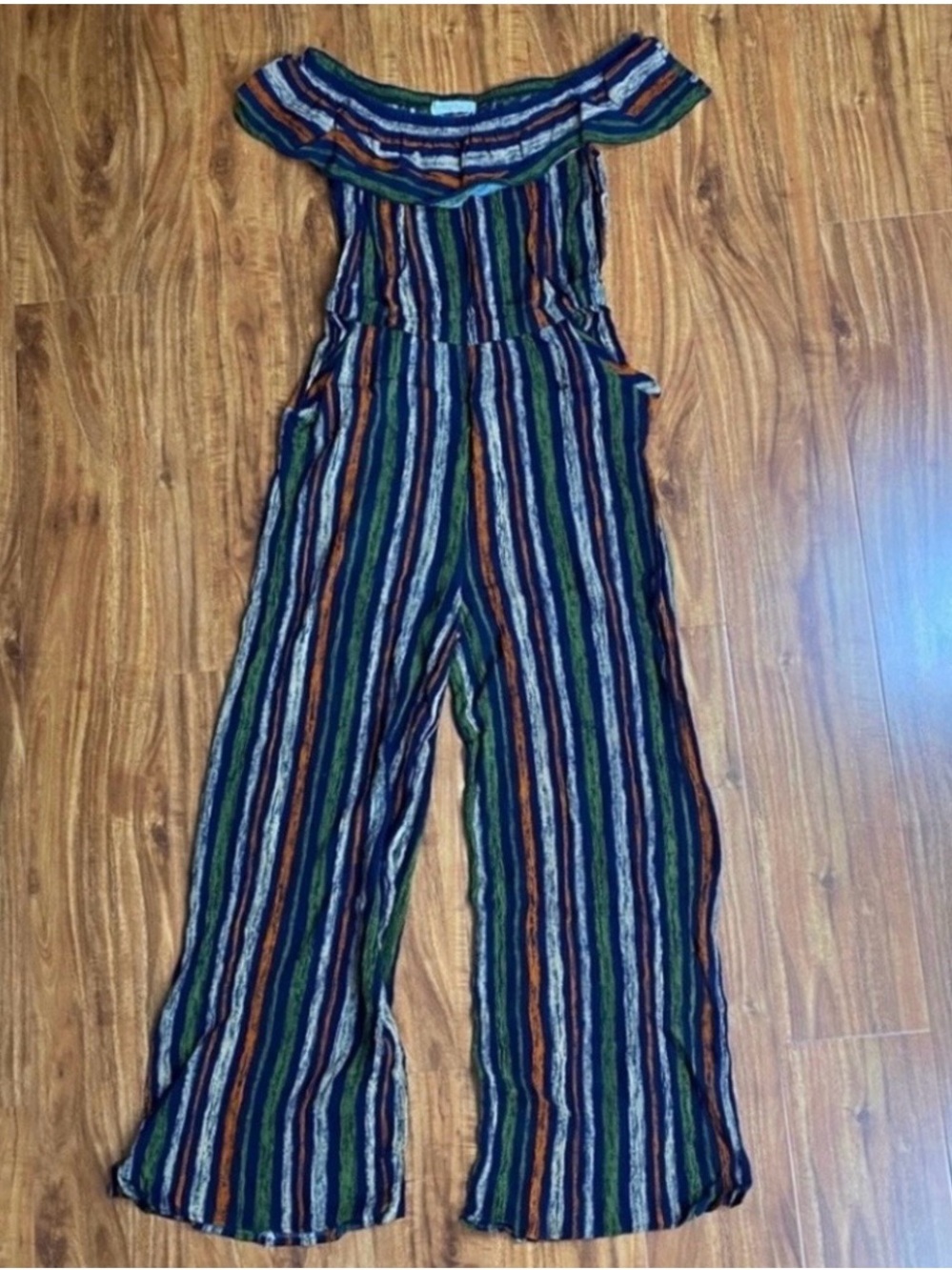 Spring Haze Juniors Green Blue Stripes Gauzy Wide Leg Jumpsuit Boho Girly Size S